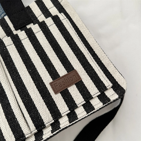 Borsa Tote In Tela A Righe Donne Grande Capacità Borsa A Tracolla Con Tasche Moda Casuale Quotidiano Pendolare
