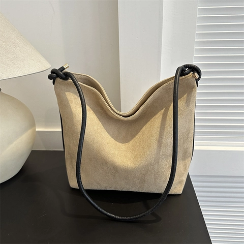 Damen Frosted PU Wildleder Optik Eimer Hobo Tasche Große Kapazität Geknoteter Schultergurt Vintage Minimalistische Tasche