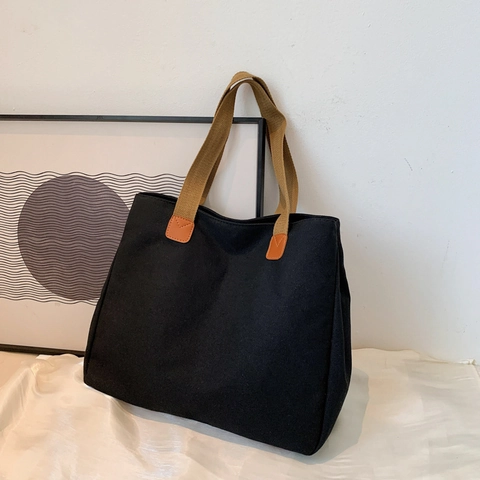 Sac Fourre-tout Toile Grande Capacité Sac Main Femme Minimaliste Style Coréen Étudiant Navette Quotidienne Contrasté