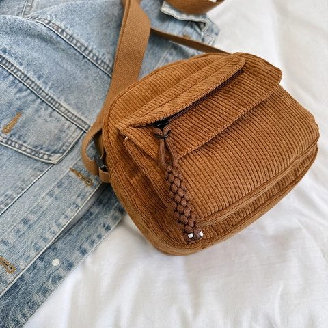 Borsa A Spalla Vintage In Velluto A Coste Tasca Con Patta Tracolla Regolabile Harajuku Casual Donne Ragazze