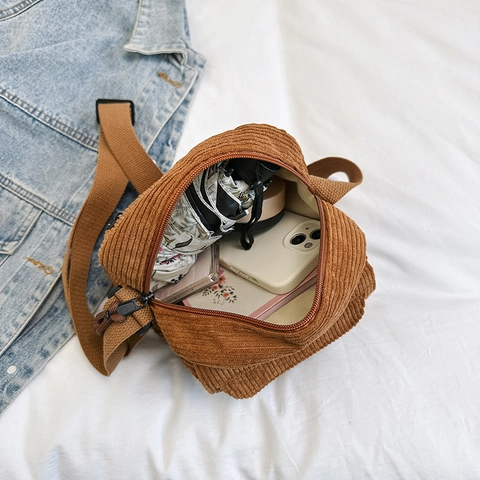 Vintage Corduroy Crossbody Bag Solid Color Small Shoulder Bag With Braided Zipper Pull Adjustable Strap Casual Purse