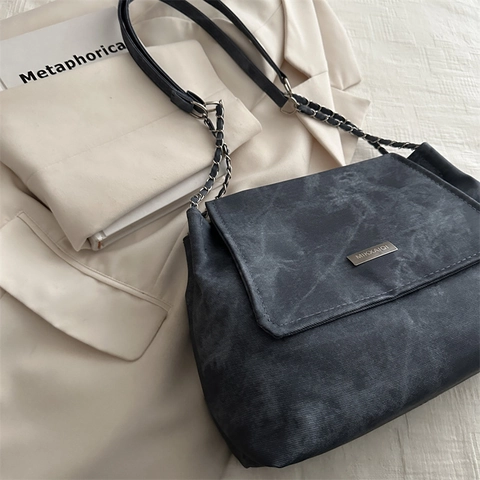 Women Shoulder Bag Large Capacity PU Leather Washed Texture Metal Chain Strap Flap Crossbody Tote Minimalist Commuting