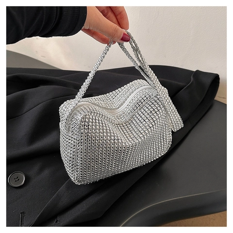 Women Rhinestone Shoulder Bag Sparkling Silver Handbag Elegant Evening Party Purse Fashion Luxury Shimmer Square Bag