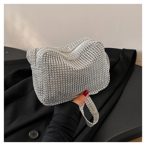 Women Rhinestone Shoulder Bag Sparkling Silver Handbag Elegant Evening Party Purse Fashion Luxury Shimmer Square Bag