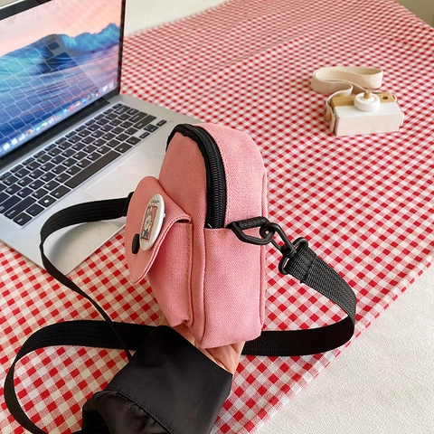 Women Canvas Crossbody Bag Cute Cartoon Rabbit Badge Shoulder Phone Purse Adjustable Strap Korean Style Casual