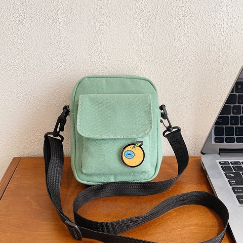 Kawaii Mini Canvas Crossbody Bag Small Phone Pouch With Cartoon Orange Patch Adjustable Strap Japanese Style For Students