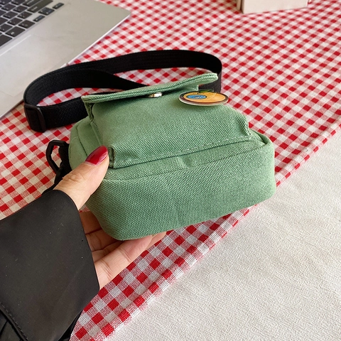 Kawaii Mini Canvas Crossbody Bag Small Phone Pouch With Cartoon Orange Patch Adjustable Strap Japanese Style For Students