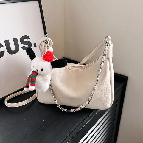 Borsa A Spalla Hobo In Pelle PU Trama Increspata Catena Argento Grande Capacità Cerniera Minimalista Casual Street Style Donna