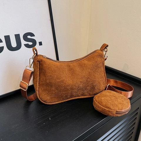 Borsa A Spalla Vintage In Velluto A Coste E Mini Portamonete Rotondo Tracolla Regolabile Borsa Di Moda Per Donna