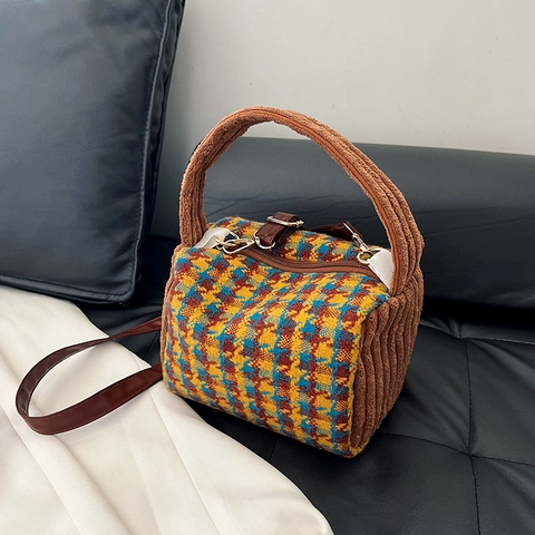 Borsa A Mano Vintage Houndstooth Patchwork Lana Tweed Velluto A Coste Cilindro Borsa A Tracolla Per Donna Retro