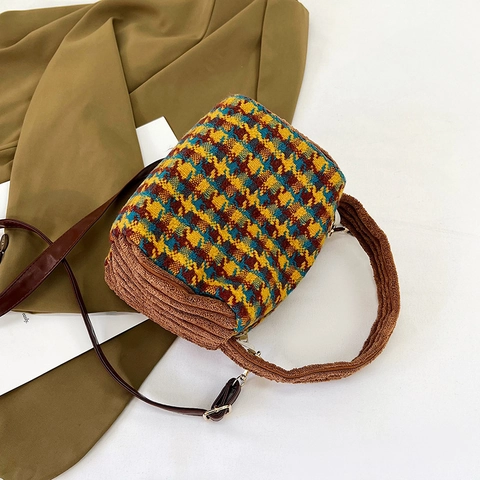 Borsa A Mano Vintage Houndstooth Patchwork Lana Tweed Velluto A Coste Cilindro Borsa A Tracolla Per Donna Retro