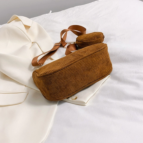 Borsa A Spalla Vintage In Velluto A Coste E Mini Portamonete Rotondo Tracolla Regolabile Borsa Di Moda Per Donna