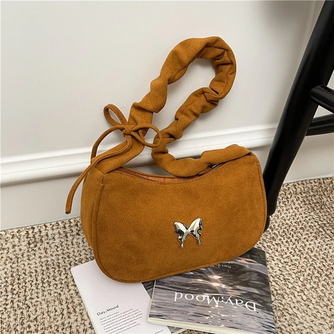 Women Vintage Faux Suede Underarm Shoulder Bag With Silver Metal Butterfly Decoration And Ruched Strap Sweet Style