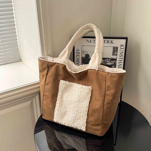 Borsa Tote Grande Capacità Donna Sherpa Patchwork Velluto A Coste Suede Autunno Inverno Borsa A Spalla Minimalista