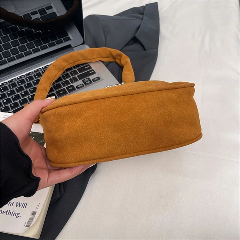 Women Vintage Faux Suede Underarm Shoulder Bag With Silver Metal Butterfly Decoration And Ruched Strap Sweet Style