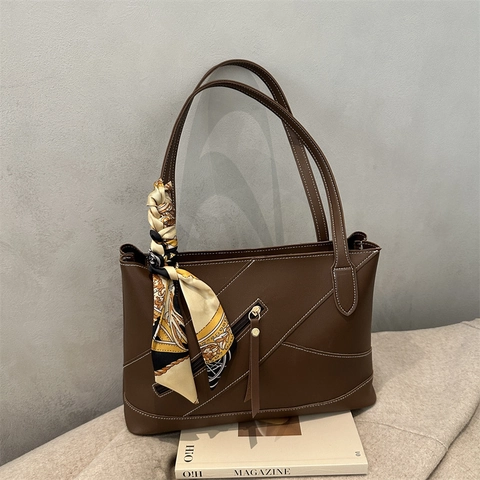 Women Large Capacity PU Leather Tote Bag Contrast Stitching Shoulder Handbag With Decorative Satin Scarf Trendy Chic