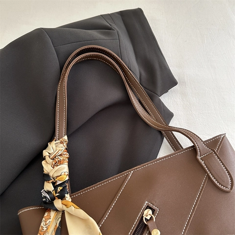 Women Large Capacity PU Leather Tote Bag Contrast Stitching Shoulder Handbag With Decorative Satin Scarf Trendy Chic