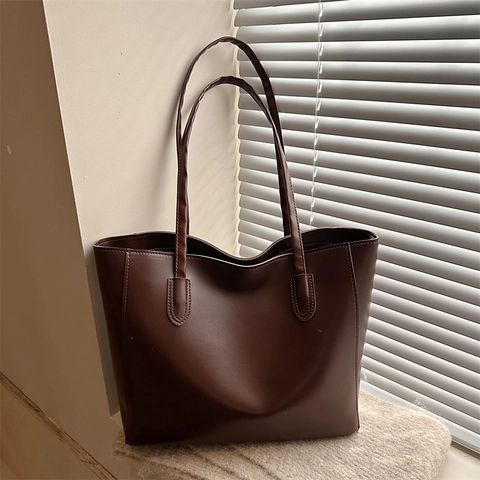 Bolso Tote de Cuero PU de Gran Capacidad Para Mujer Minimalista Color Sólido Bolso de Hombro Moda Retro Bolso de Mano Cierre Cremallera