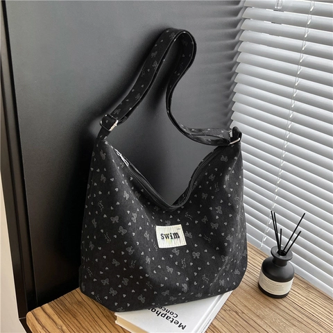 Borsa A Spalla In Velluto A Coste Grande Capacità Stampa Fiocco Cuore Stile Giapponese Coreano Borsa A Tracolla Hobo Per Donne Ragazze