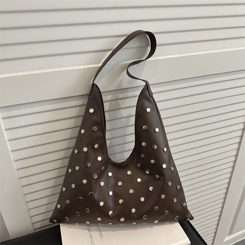 Women PU Leather Hobo Bag With Metal Rivets Large Capacity Asymmetrical Triangle Shoulder Tote Streetwear Style
