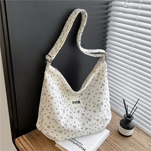 Borsa A Spalla In Velluto A Coste Grande Capacità Stampa Fiocco Cuore Stile Giapponese Coreano Borsa A Tracolla Hobo Per Donne Ragazze