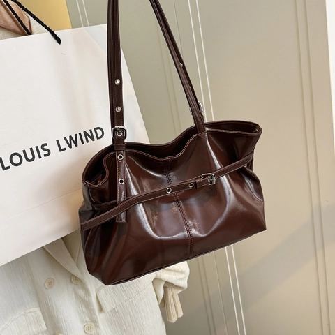 Bolso Tote De Cuero PU Brillante Gran Capacidad Bolso De Hombro Correas Ajustables Retro Informal Elegante Para Mujer