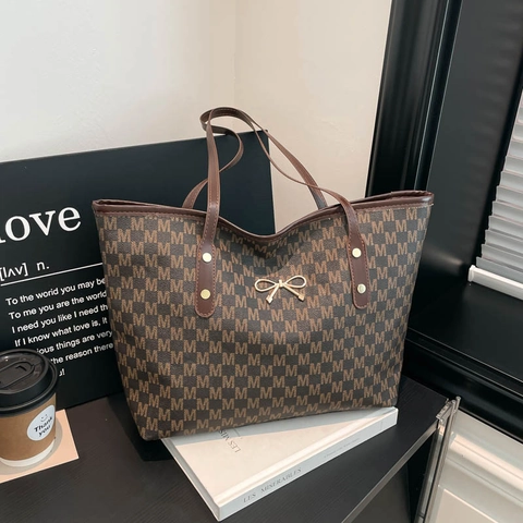 Monogram Print Tote Bag Large Capacity PU Leather Shoulder Bag With Golden Bow Elegant Retro Casual For Women