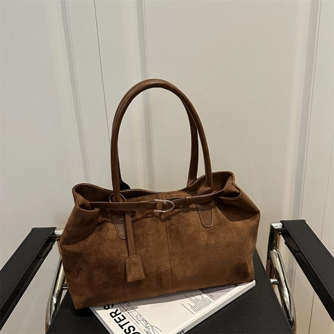 Retro Wildleder Tote Bag Große Kapazität Schulterhandtasche Mit Metallschnalle Magnetverschluss Für Damen Büro Alltag