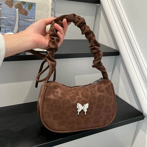 PU Leather Leopard Print Underarm Bag With Butterfly Metal Decor Ruched Ruffle Shoulder Strap Retro Niche Handbag