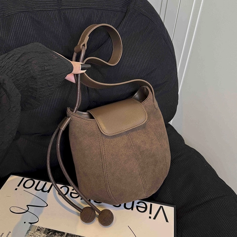 Bucket Bag Frosted Matte Polyester Vintage Shoulder Crossbody Purse With Flap And Ball Drawstring For Women