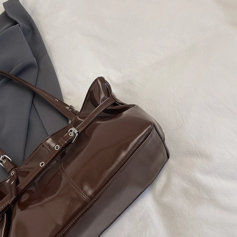 Bolso Tote De Cuero PU Brillante Gran Capacidad Bolso De Hombro Correas Ajustables Retro Informal Elegante Para Mujer