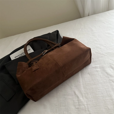 Retro Wildleder Tote Bag Große Kapazität Schulterhandtasche Mit Metallschnalle Magnetverschluss Für Damen Büro Alltag