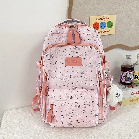 Nylon School Backpack Large Capacity Lightweight Star Pattern Preppy Style For Teenager Girls