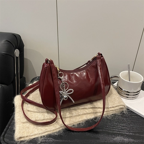 Women Shiny PU Leather Underarm Bag Retro Hobo Shoulder Handbag With Bow Pendant Zip Closure For Commute Daily