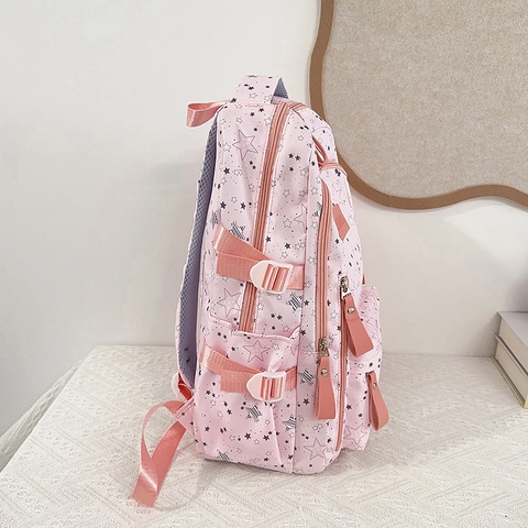 Nylon School Backpack Large Capacity Lightweight Star Pattern Preppy Style For Teenager Girls