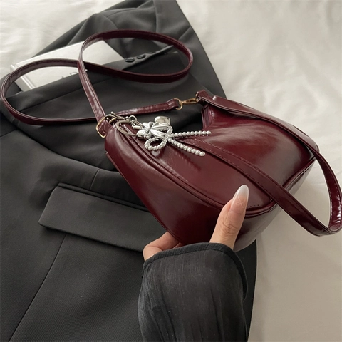 Women Shiny PU Leather Underarm Bag Retro Hobo Shoulder Handbag With Bow Pendant Zip Closure For Commute Daily
