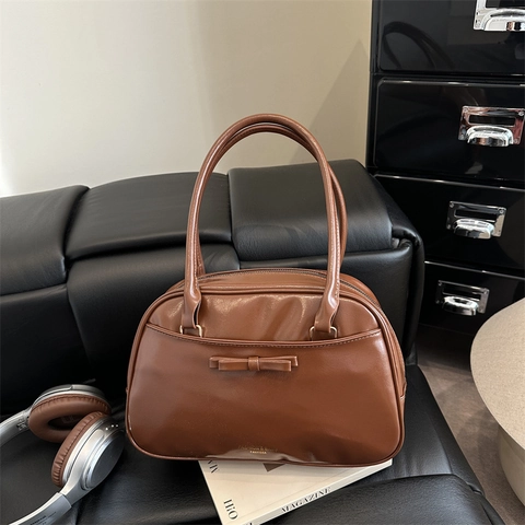 Bolso De Hombro Retro De Cuero PU Para Mujer Decoración De Lazo Bolso De Mano Boston Almohada Casual