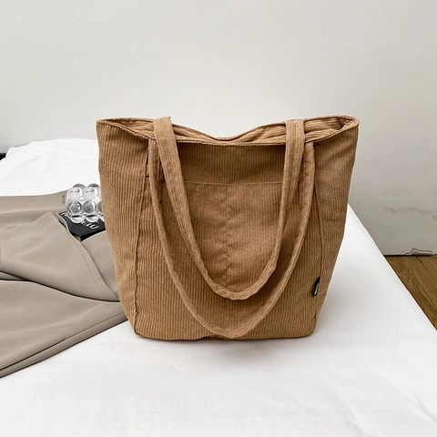 Corduroy Einkaufstasche Große Kapazität Retro Street Style Schulter Handtasche Mit Reißverschluss Für Damen Pendeln