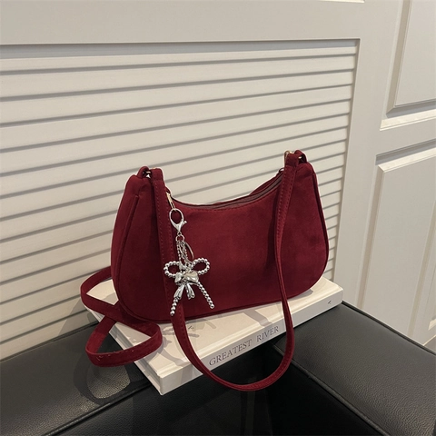 Borsa Hobo Vintage Donna Effetto Scamosciato Mezzaluna Borsa A Spalla Sottobraccio Con Ciondolo A Fiocco Cuore Retro Chic