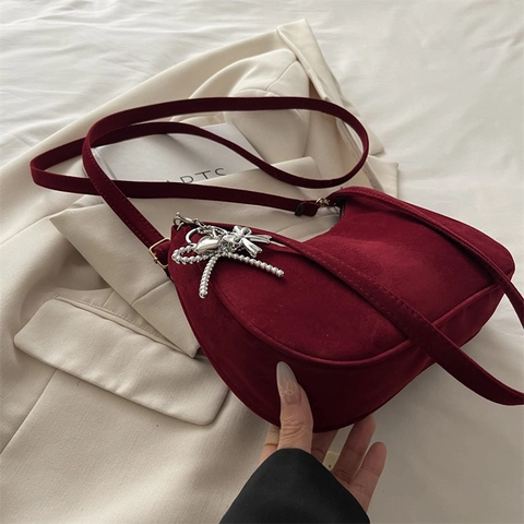 Borsa Hobo Vintage Donna Effetto Scamosciato Mezzaluna Borsa A Spalla Sottobraccio Con Ciondolo A Fiocco Cuore Retro Chic