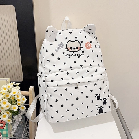 Sac À Dos Kawaii Oreilles De Chat Imprimé Étoiles En Nylon Cartable Pour Étudiants Style Japonais Mignon
