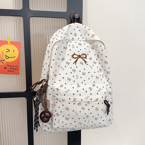 Corduroy Backpack For High School Girls Large Capacity Heart Bow Pattern School Bag Casual Commuting For Students
