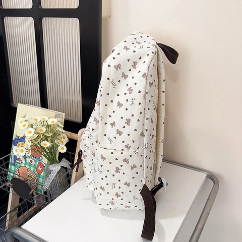 Corduroy Backpack For High School Girls Large Capacity Heart Bow Pattern School Bag Casual Commuting For Students