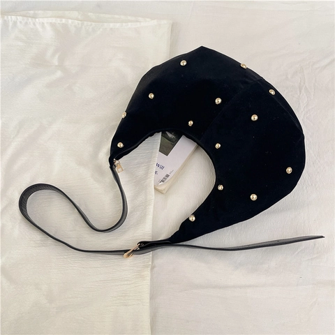 Suede Hobo Schultertasche Mit Goldnieten Große Kapazität Halbmondform Vintage Retro Umhängetasche Für Damen
