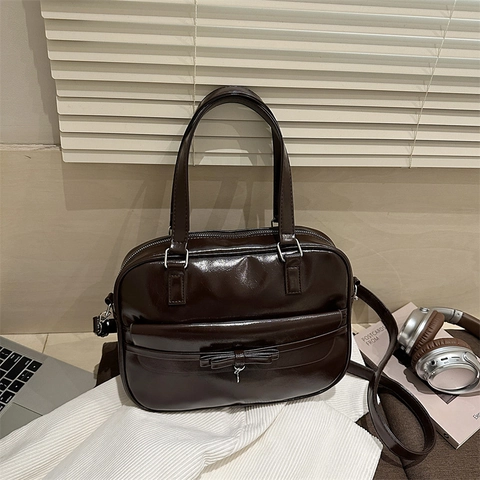 Women PU Leather Handbag Bow Heart Pendant Shoulder Bag Japanese JK College Style Crossbody Bag For Daily Commute