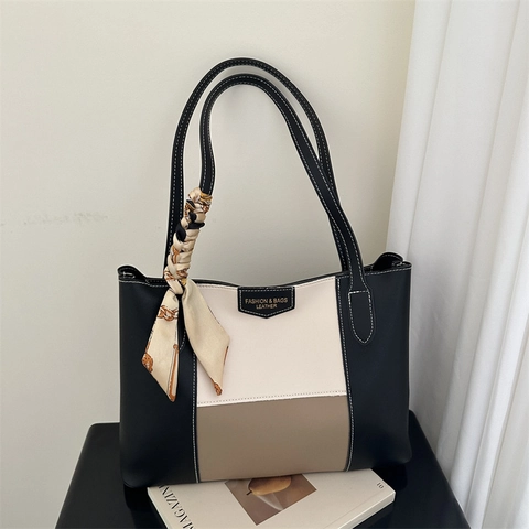 Borsa Tote Donna Pelle PU Grande Capacità Tracolla Con Sciarpa Raso Cuciture A Contrasto Casual
