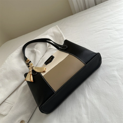 Borsa Tote Donna Pelle PU Grande Capacità Tracolla Con Sciarpa Raso Cuciture A Contrasto Casual