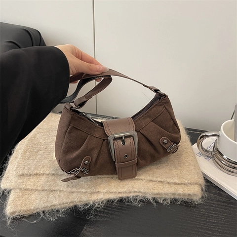 Sac Sous Les Aisselles Moto Vintage En Daim Et Similicuir PU Froncé Avec Boucle Métallique Style Y2K Rétro Pour Femme