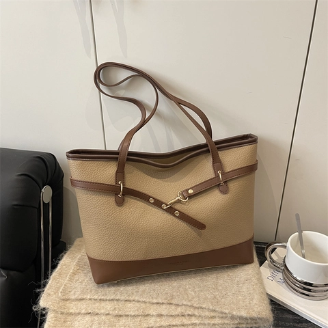 Bolso Tote de Gran Capacidad para Mujer Cuero PU Color de Contraste Bolso de Hombro Minimalista Vintage para Oficina y Diario