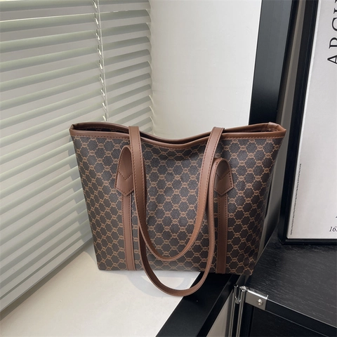 Vintage Monogram Print Tote Bag Grote Capaciteit PU Leer Schoudertas Voor Vrouwen Mode Dagelijks Woon Werkverkeer